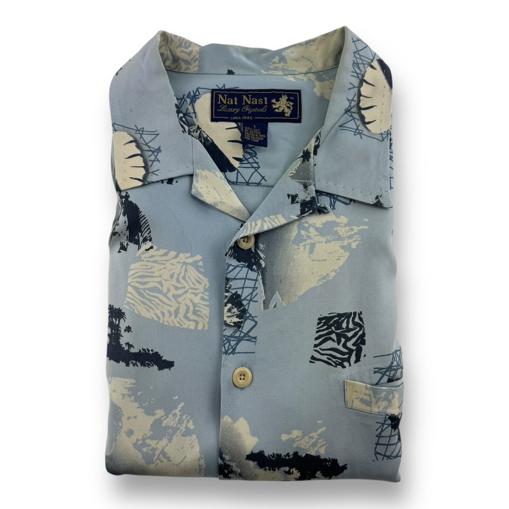 Nat Nast‎ Pure Silk Short Sleeve Button-Up Shirt Blue Large Abstract Beach Print